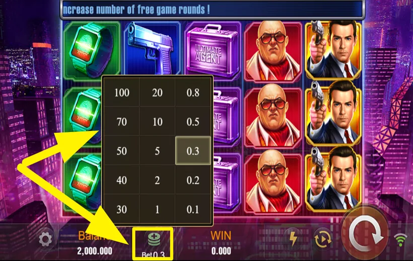 Setting the bet on Agent Ace — the coin menu with stakes from 0.01 to 100 per spin